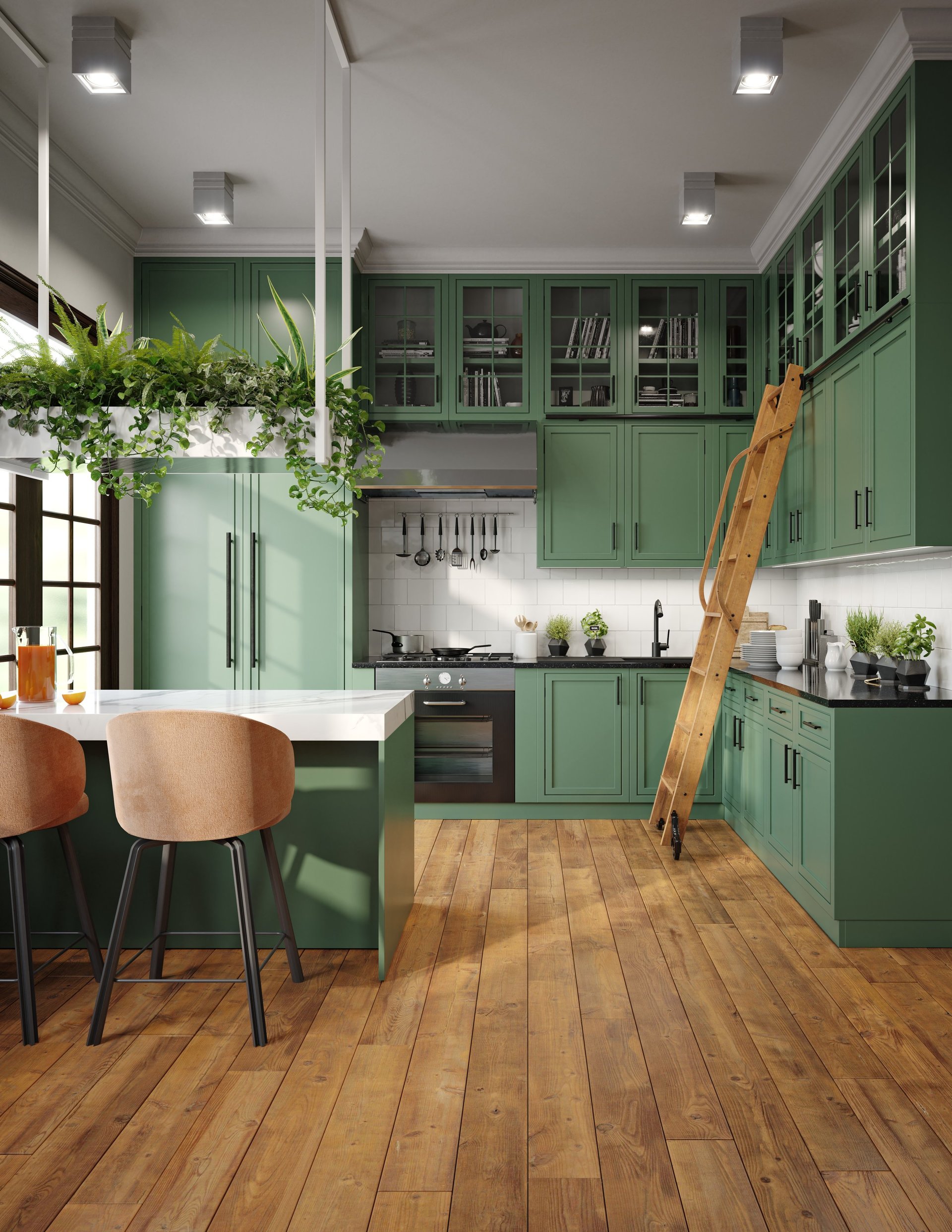 Green kitchen with white countertops, hanging plants, and wooden ladder