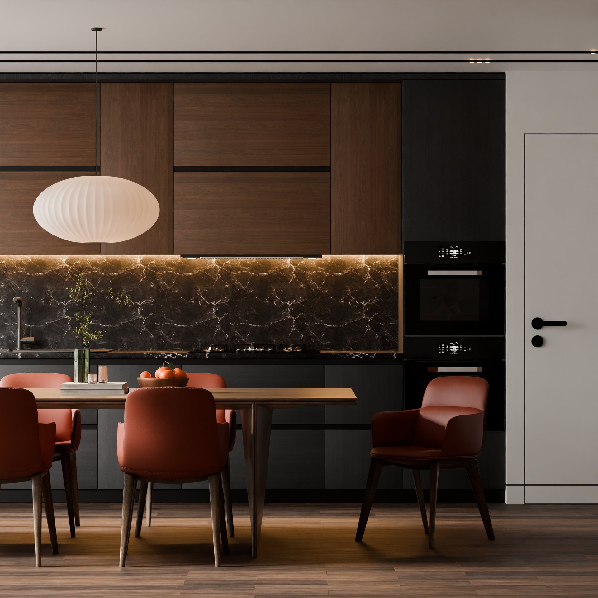 A 3D visualization of a contemporary open-plan kitchen and dining space featuring dark wood cabinetry and marble backsplash