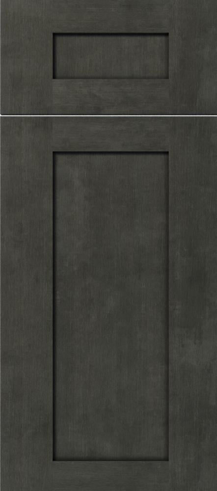 Dark gray wood cabinet door with two rectangular panel sections divided by a horizontal metal strip