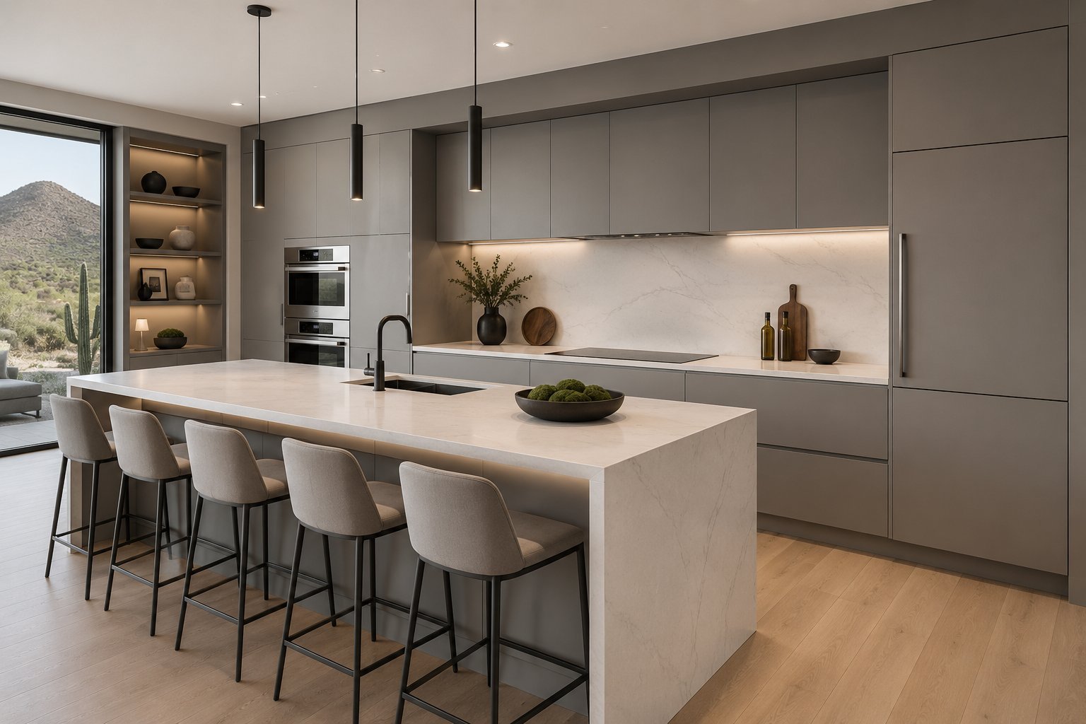 Modern kitchen with gray cabinetry, light wood island, and beige bar seating overlooking mountain views