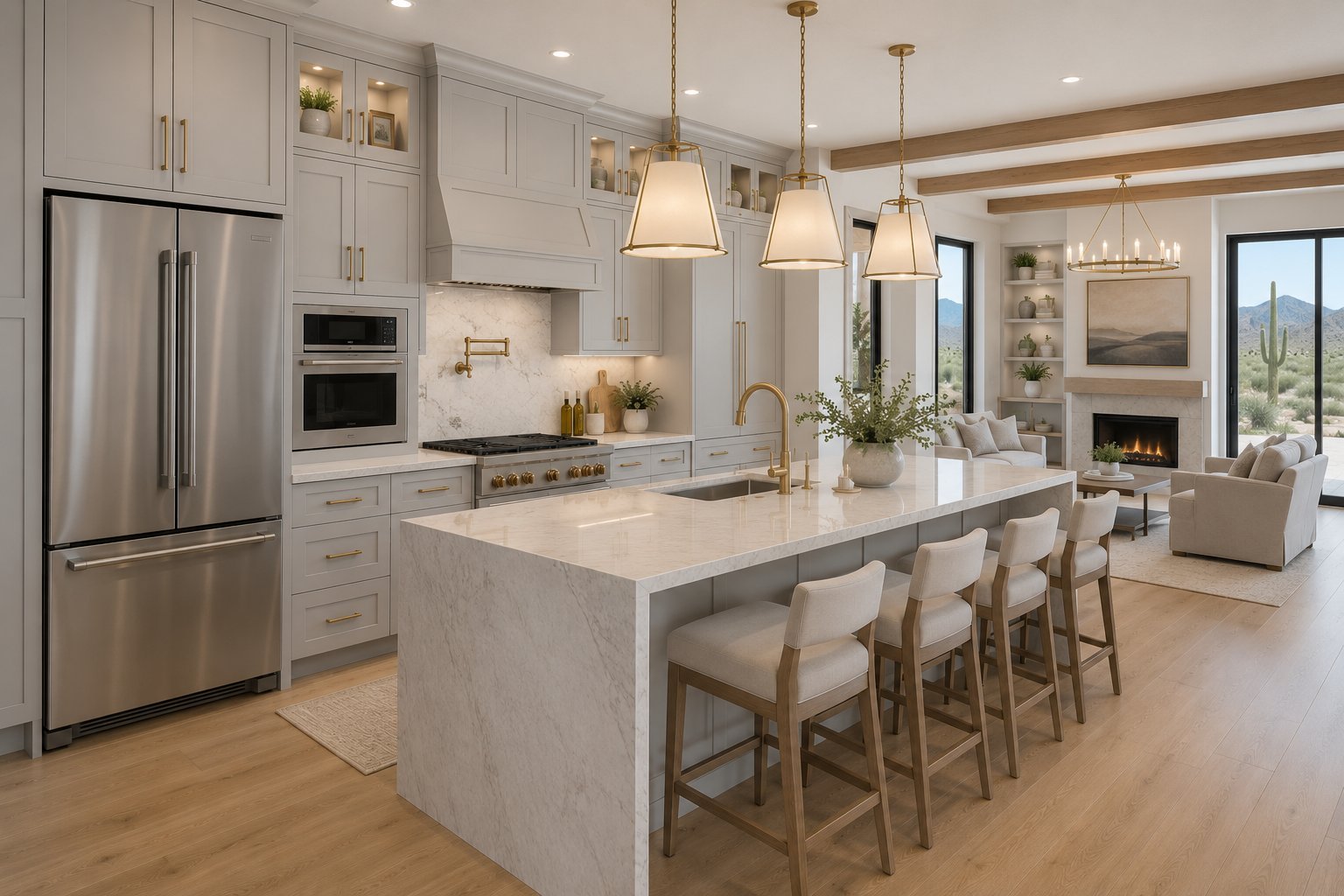 Modern kitchen with white cabinetry, stainless steel appliances, large island with seating, pendant lights, and open concept living area