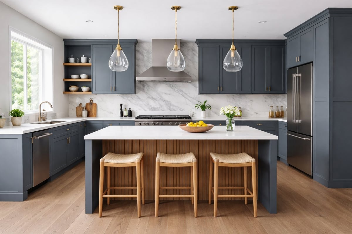 Modern kitchen with dark blue cabinetry, marble backsplash, stainless steel appliances, and a white island with three wooden bar stools and pendant lights.