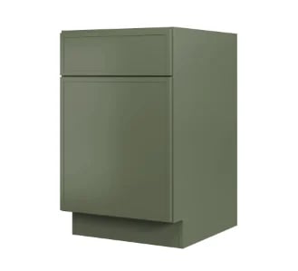 Sage green kitchen base cabinet with one drawer and one door, isolated on white background