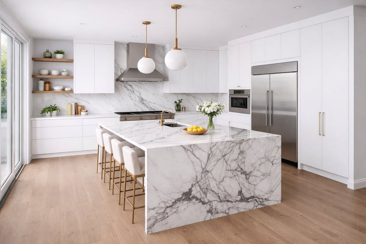Modern white kitchen with marble island, stainless steel appliances, pendant lights, and natural wood flooring
