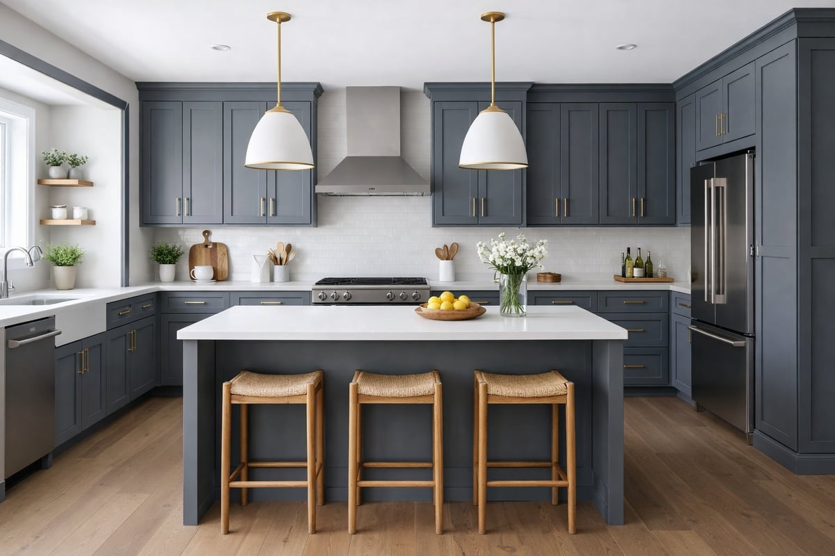 Modern kitchen with dark blue cabinetry, white countertops, central island with wooden bar stools, pendant lights, and stainless steel appliances