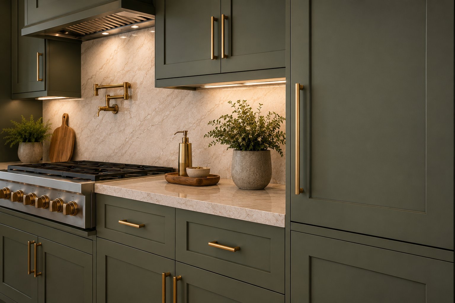 Modern olive green kitchen with marble countertops, brass hardware, gas range, and white subway tile backsplash with potted herbs and accessories