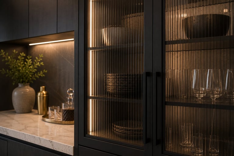 Modern kitchen cabinet with black frames, fluted glass doors displaying glassware, and countertop with decorative vases and bottles under warm ambient lighting