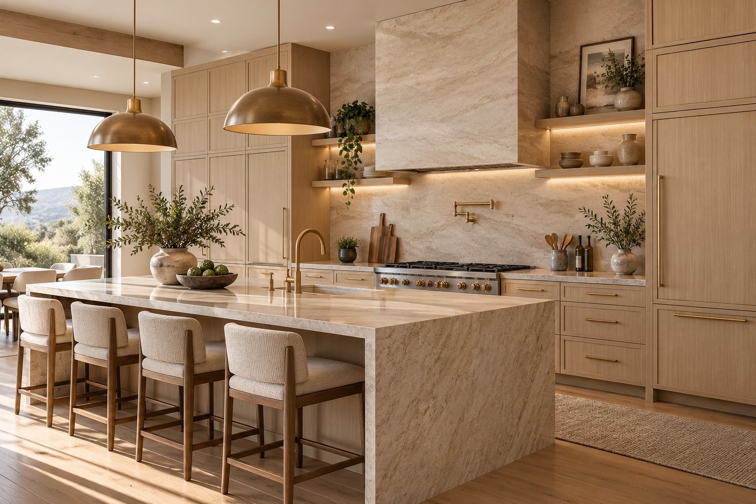 Modern luxury kitchen with natural wood cabinetry, marble island, brass pendant lights, and scenic window views