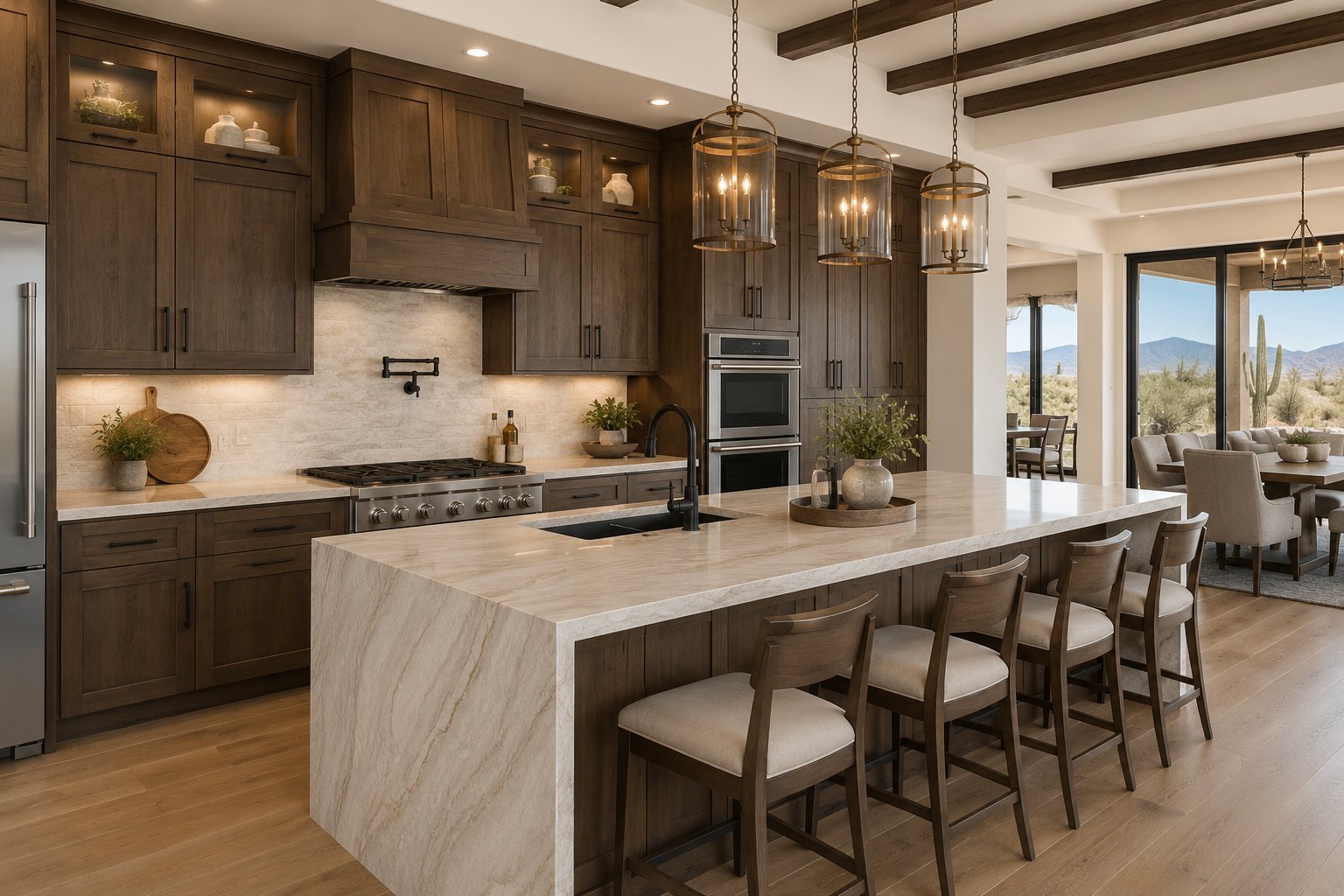 Modern luxury kitchen with dark wood cabinetry, marble island, pendant lighting, stainless steel appliances, and mountain views through large windows