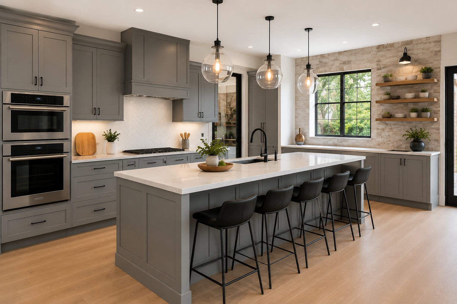 Modern kitchen with gray cabinetry, white quartz countertops, island with black bar seating, pendant lighting, and stainless steel appliances