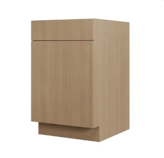 Light wood kitchen cabinet with one drawer and door, displayed at an angle against a white background
