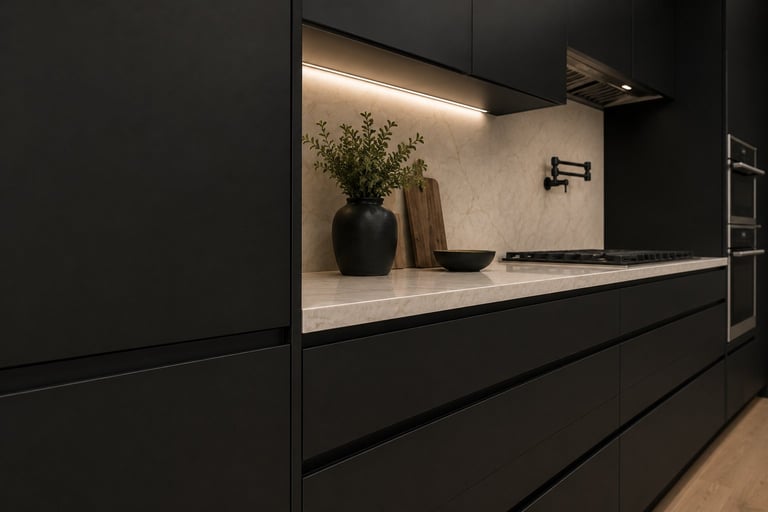 Modern minimalist kitchen with black cabinetry, white countertop, under-cabinet lighting, potted plant, and a black vase near the backsplash