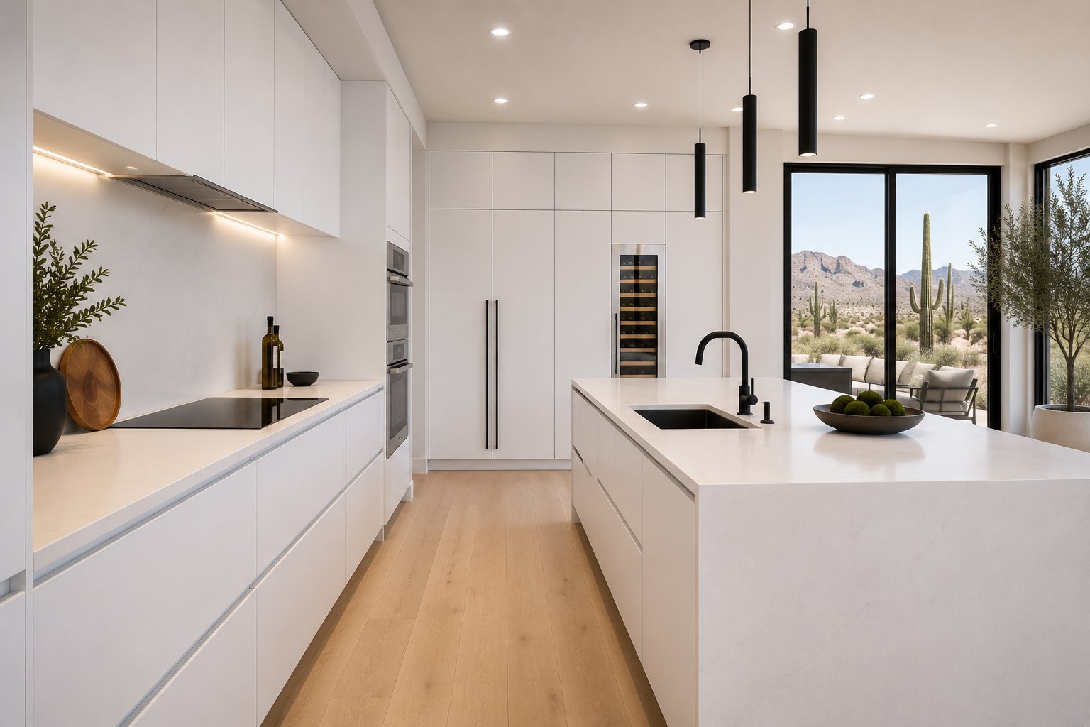 Modern white kitchen with island, pendant lighting, and views of desert landscape through large windows