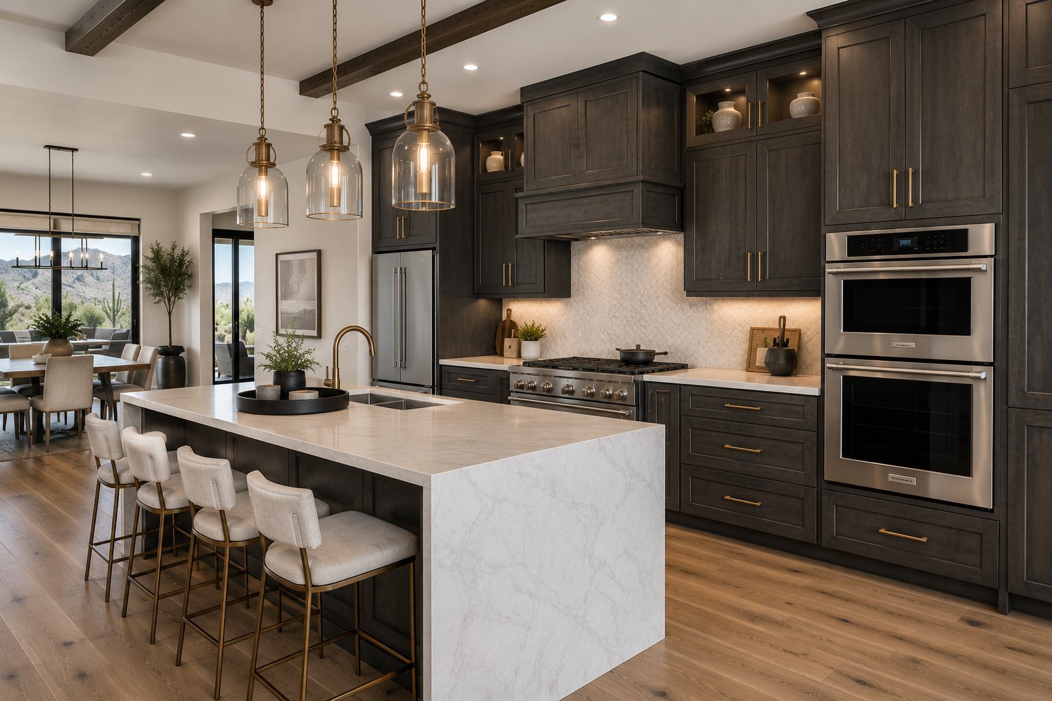 Modern kitchen with dark cabinetry, white marble island with pendant lights, stainless steel appliances, and hardwood flooring