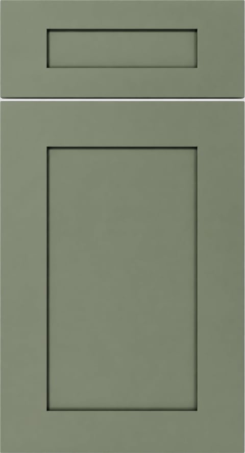 Two-panel sage green cabinet door with recessed handles, showing upper drawer and lower storage compartment