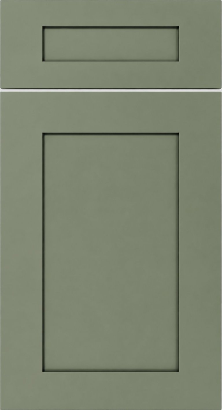 Two-panel sage green cabinet door with recessed handles, showing upper drawer and lower storage compartment