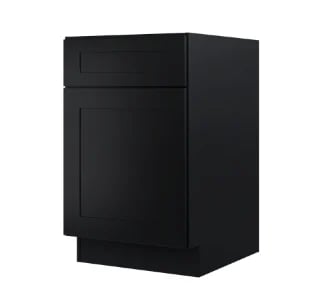 Black cabinet with single drawer and door featuring modern minimalist design