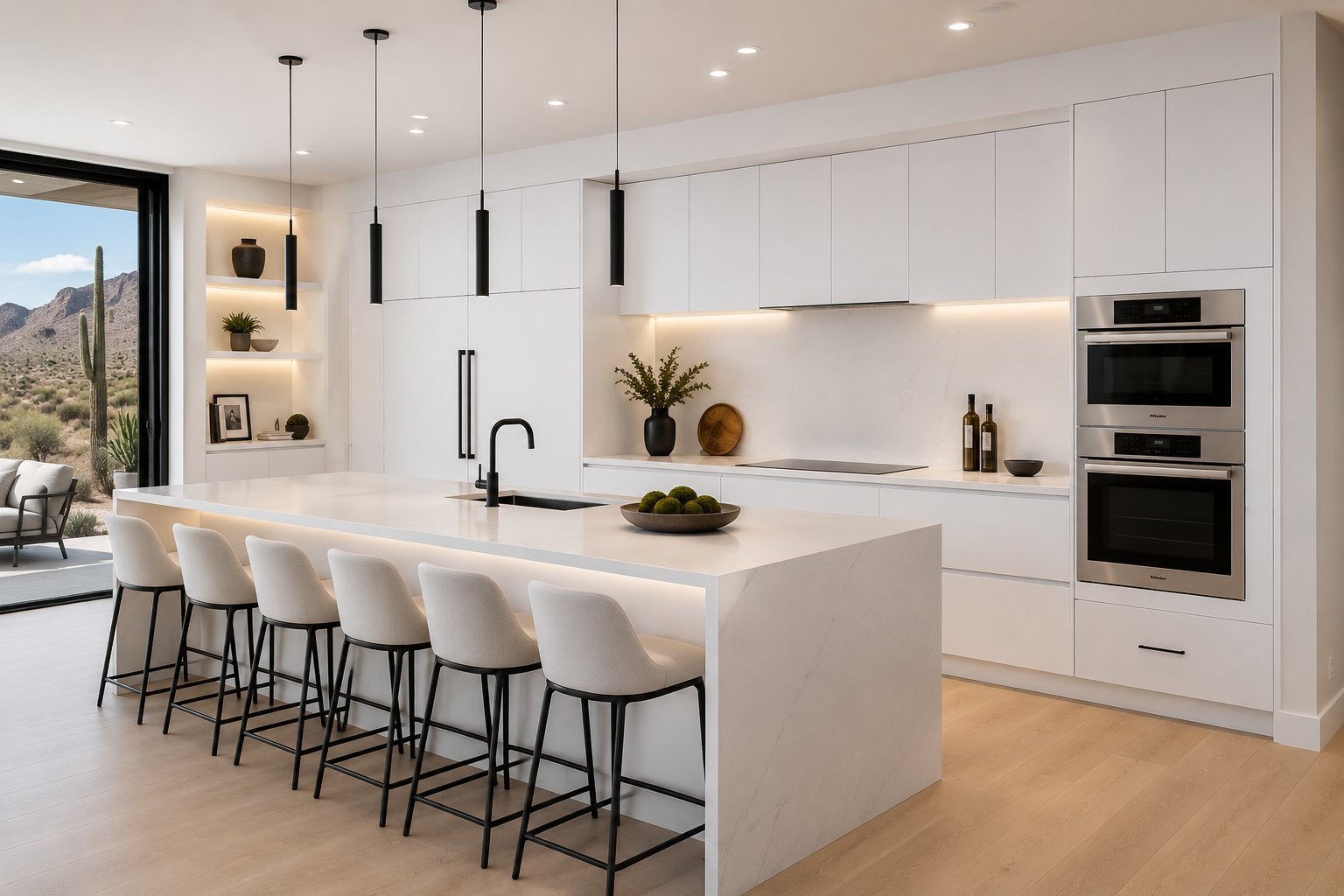 Modern white kitchen with island seating, black pendant lights, stainless steel appliances, and mountain view through large windows