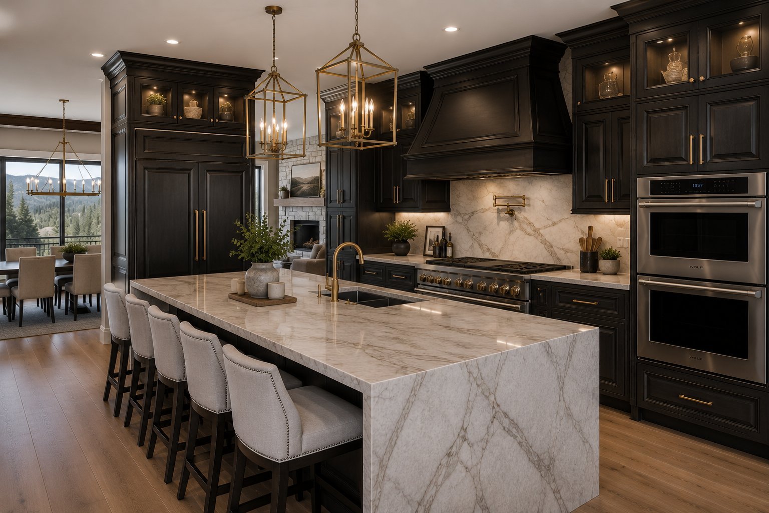 Luxury modern kitchen with dark cabinetry, marble island with seating, stainless steel appliances, and brass pendant lighting