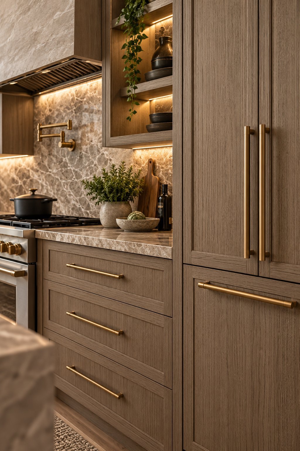 Modern kitchen with warm wood cabinetry, marble backsplash, warm ambient lighting, and potted plants on countertop