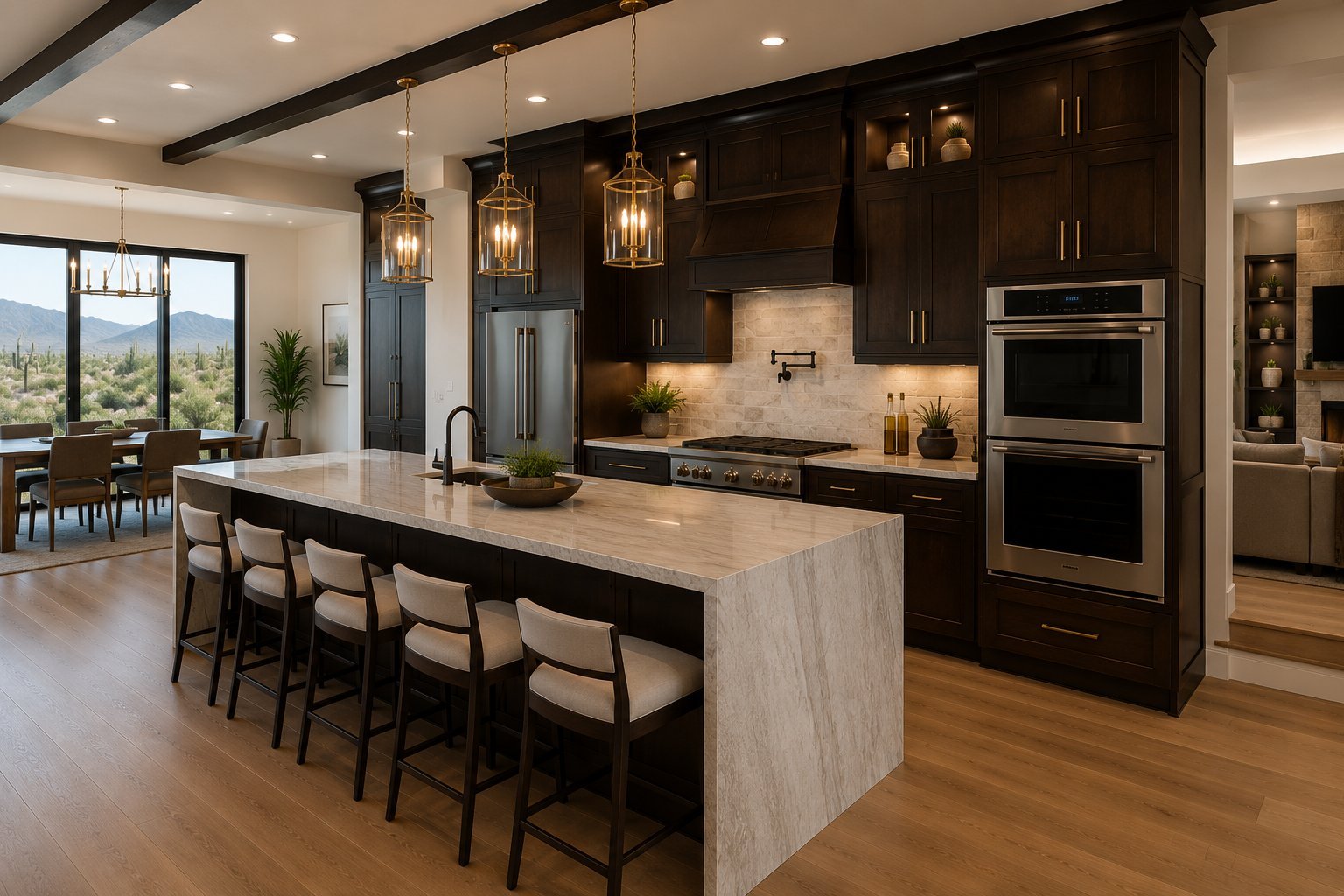 Modern kitchen with dark cabinetry, light stone island, pendant lights, and stainless steel appliances overlooking mountain views