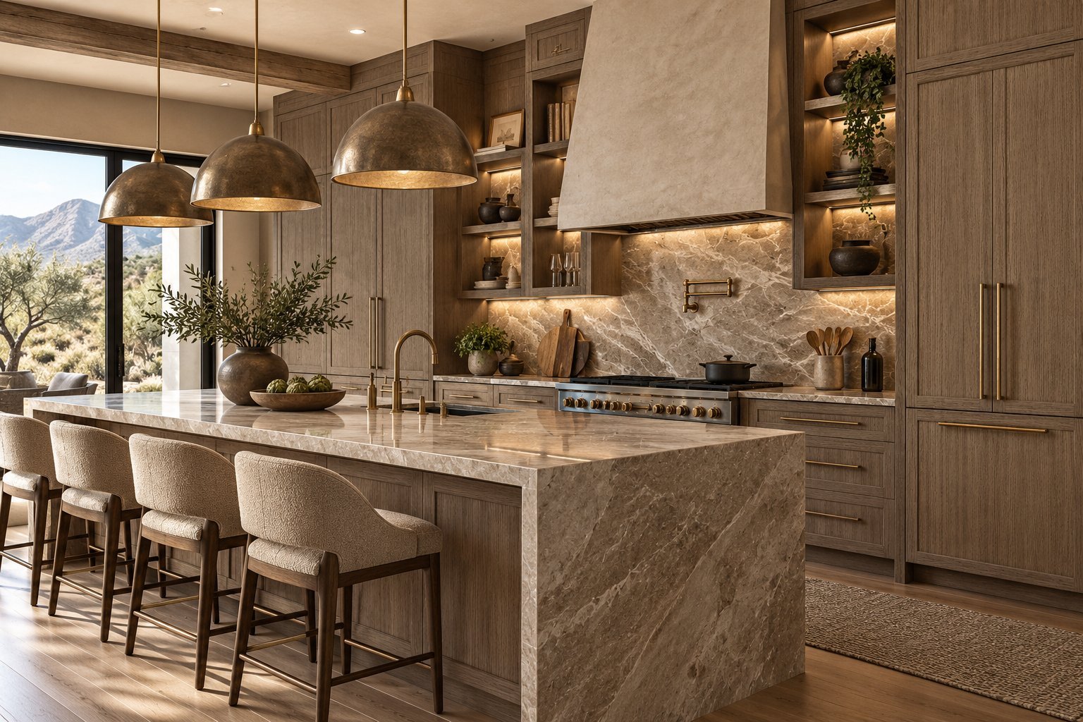 Modern luxury kitchen with marble island, pendant lights, wood cabinetry, and mountain views through large windows