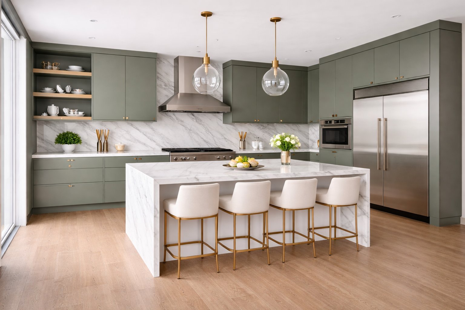 Modern kitchen with sage green cabinetry, marble island with four cream bar stools, stainless steel appliances, and pendant lighting