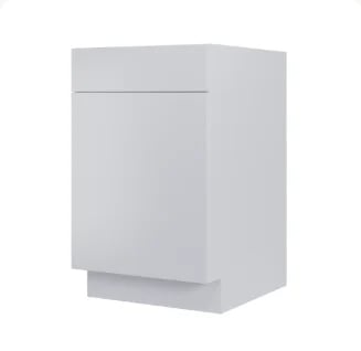 Light gray kitchen cabinet base unit with white drawer front and storage compartment