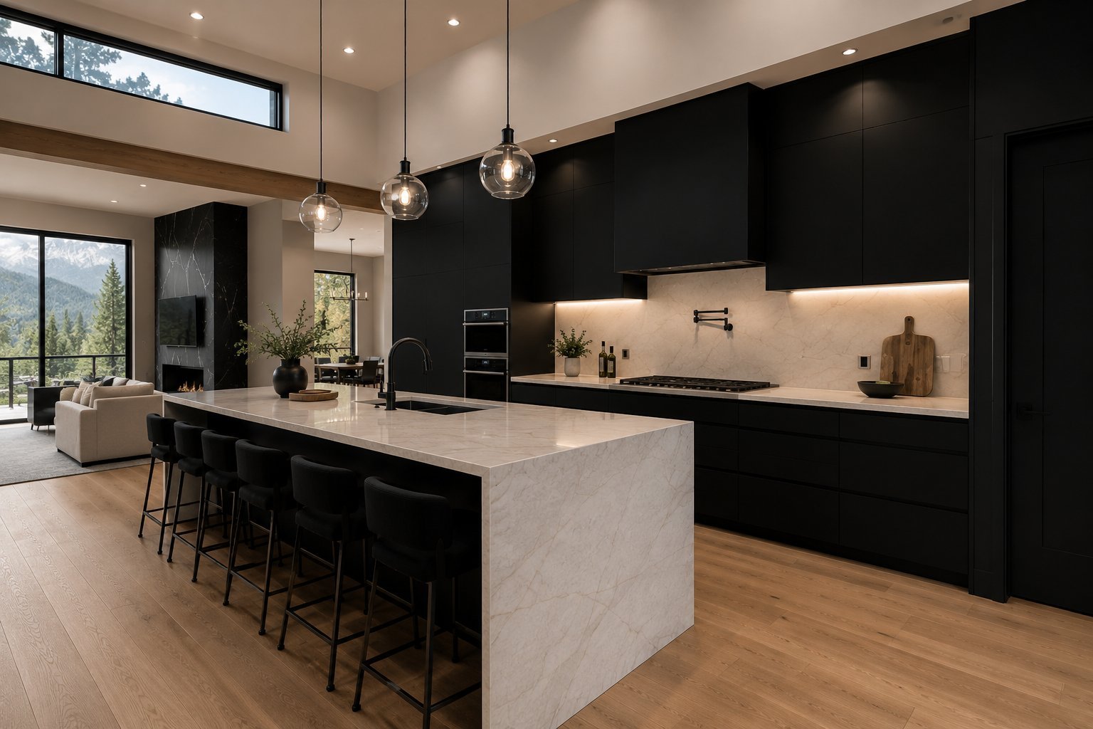 Modern kitchen with black cabinetry, white marble island, pendant lights, and open concept living area with large windows