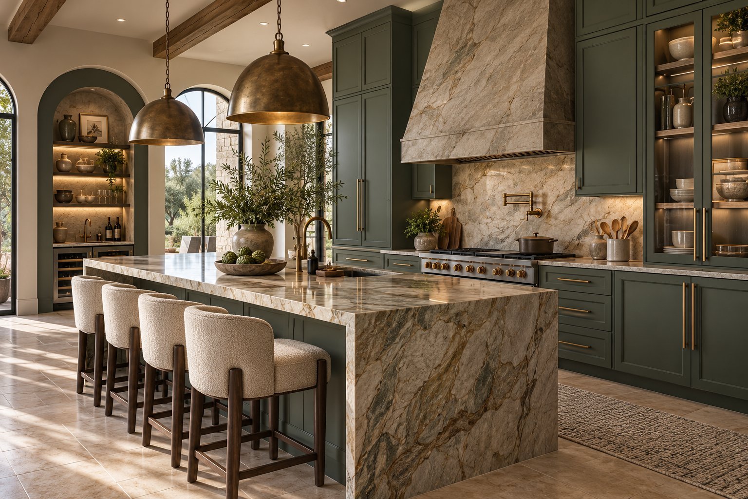 Luxurious modern kitchen with marble island, brass pendant lights, green cabinetry, and bar seating