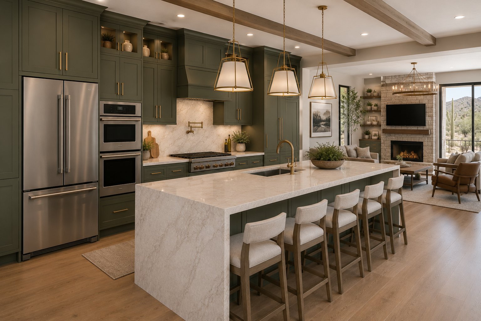 Modern open-concept kitchen with olive green cabinets, marble island with seating, stainless steel appliances, pendant lighting, and fireplace visible in adjoining living area