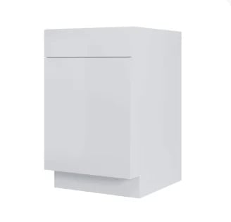 White kitchen cabinet with single door and drawer base, isolated on white background