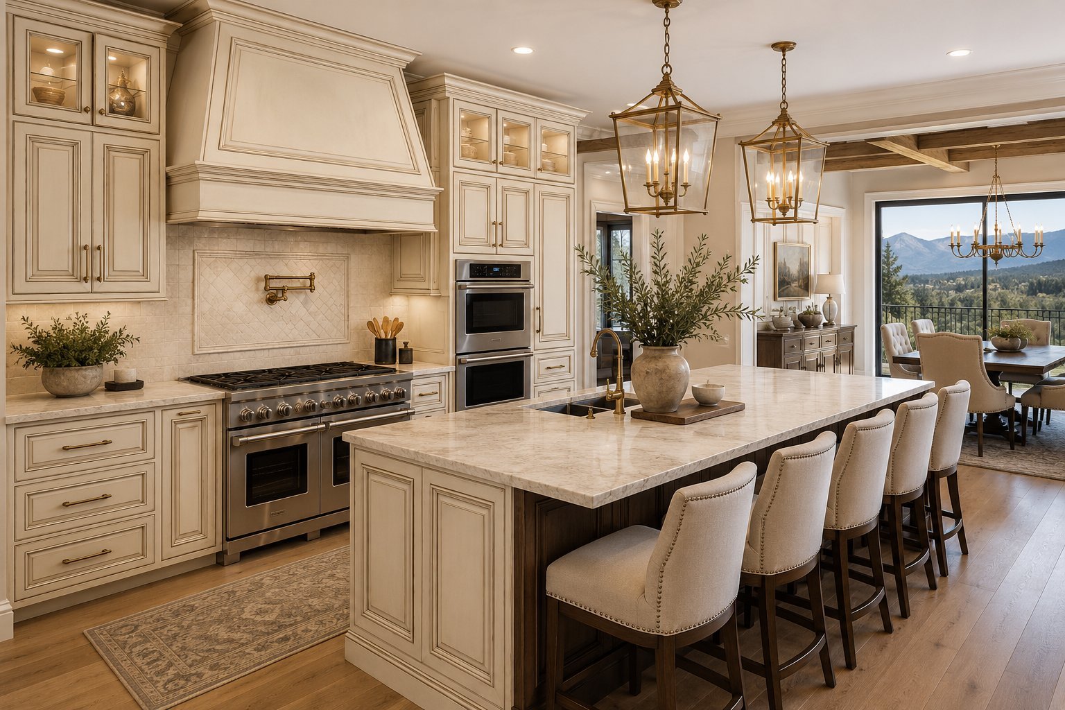 Luxury cream kitchen with large island, stainless steel appliances, pendant lights, and mountain views through windows