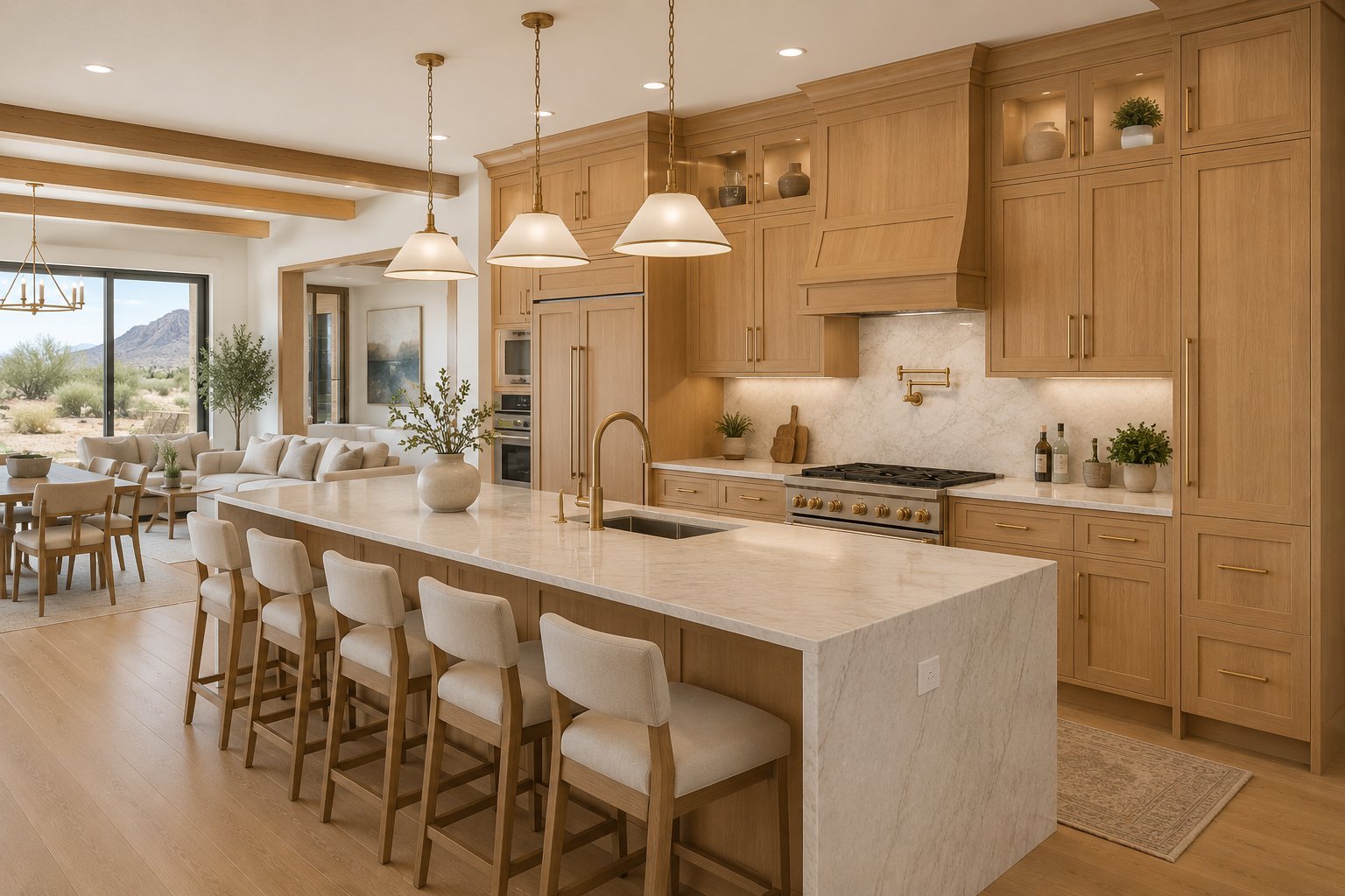Modern kitchen with warm wood cabinetry, large cream island with seating, pendant lights, and open-concept layout with dining area visible