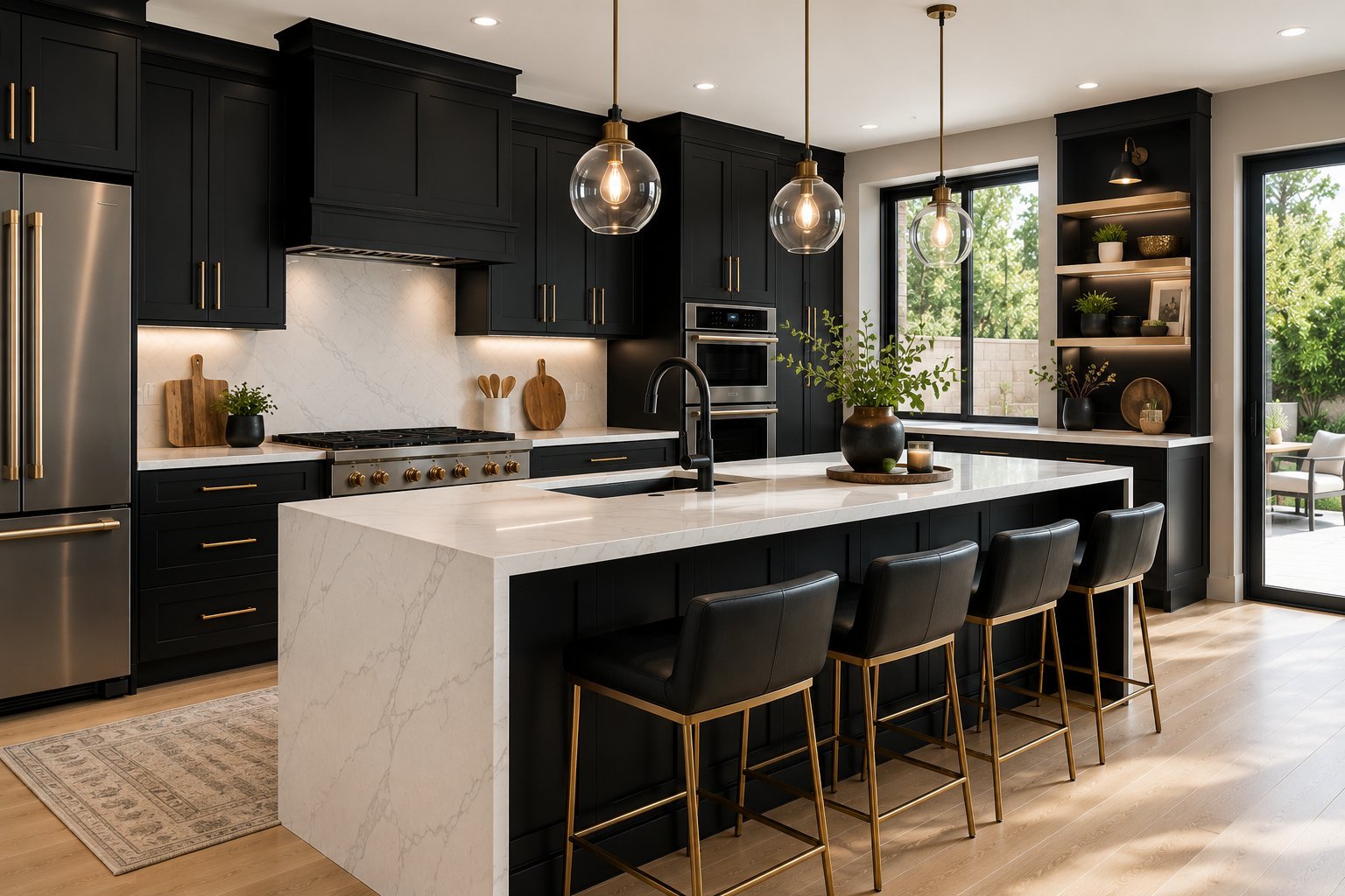 Modern kitchen with black cabinetry, white marble island with seating, stainless steel appliances, and pendant lighting overhead