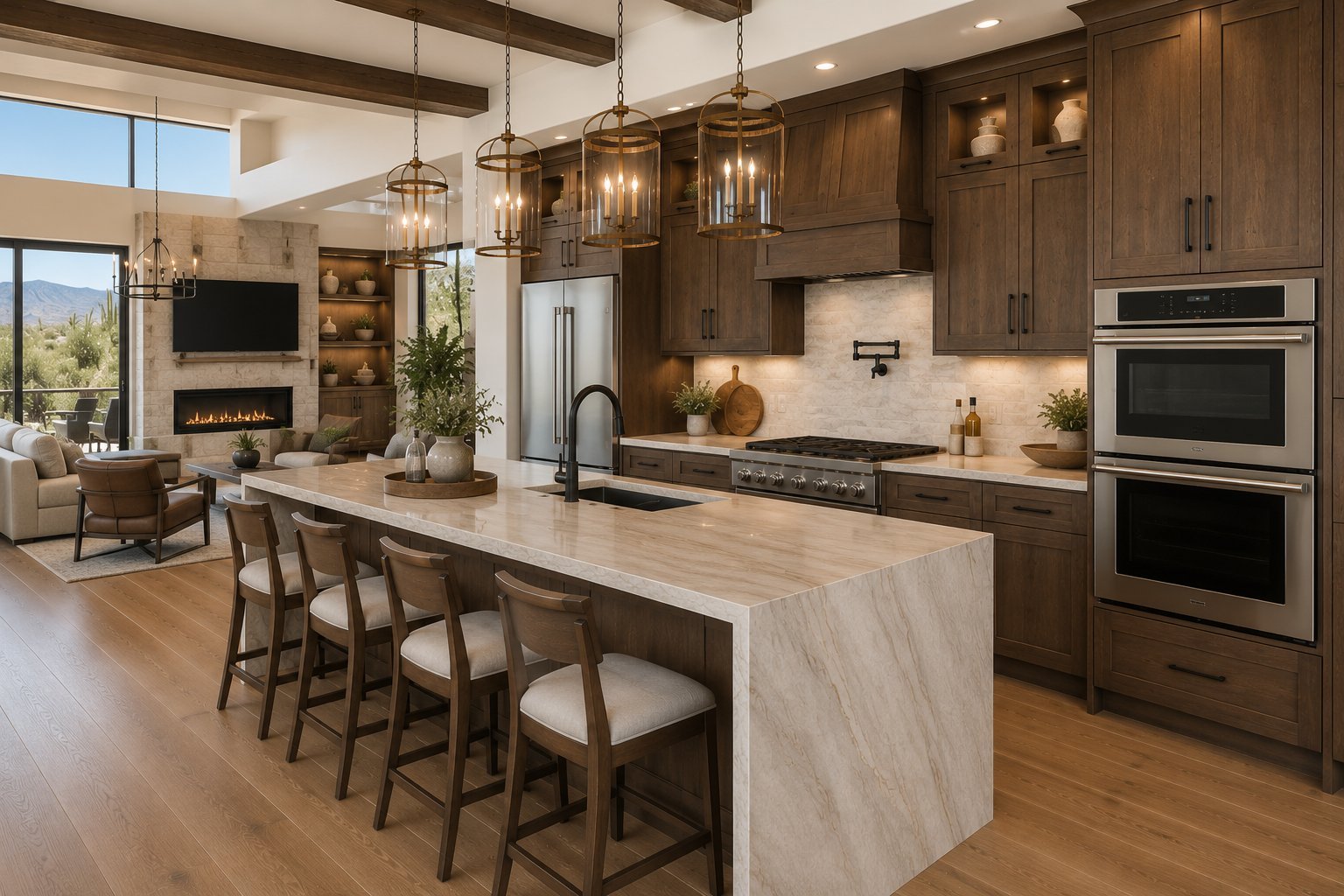 Modern open-concept kitchen with dark wood cabinetry, marble island, stainless steel appliances, and seating for four
