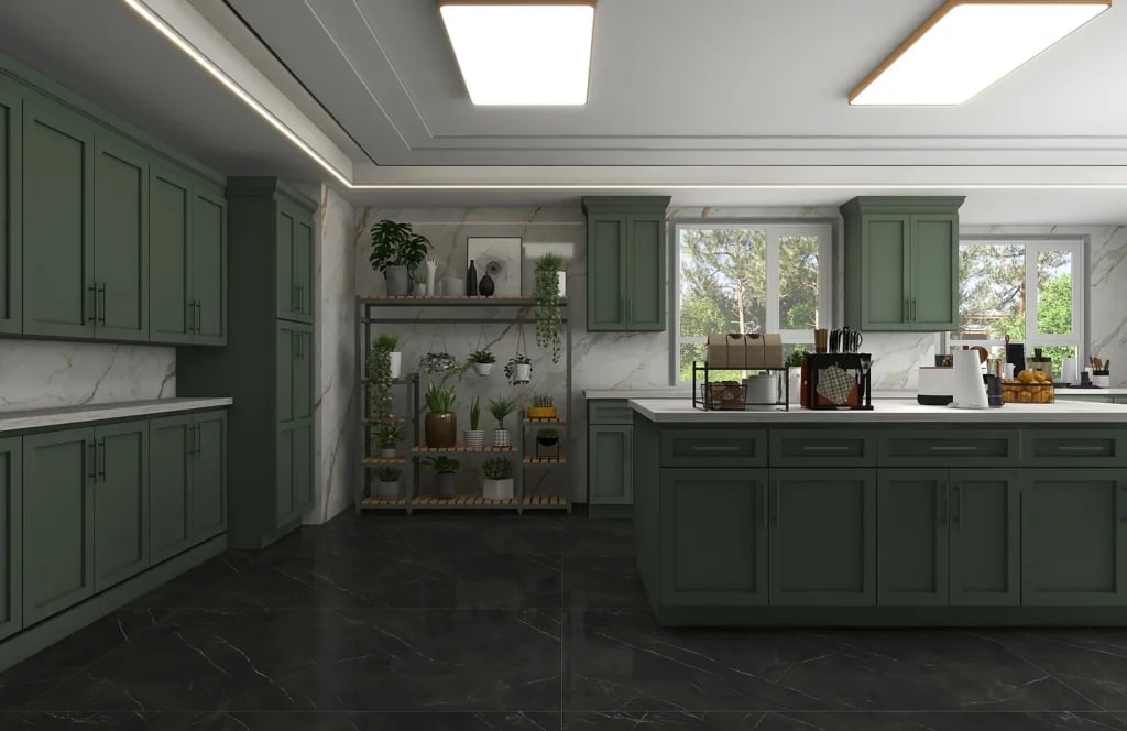 Modern kitchen with sage green cabinetry, dark flooring, island counter, glass shelving, and recessed lighting