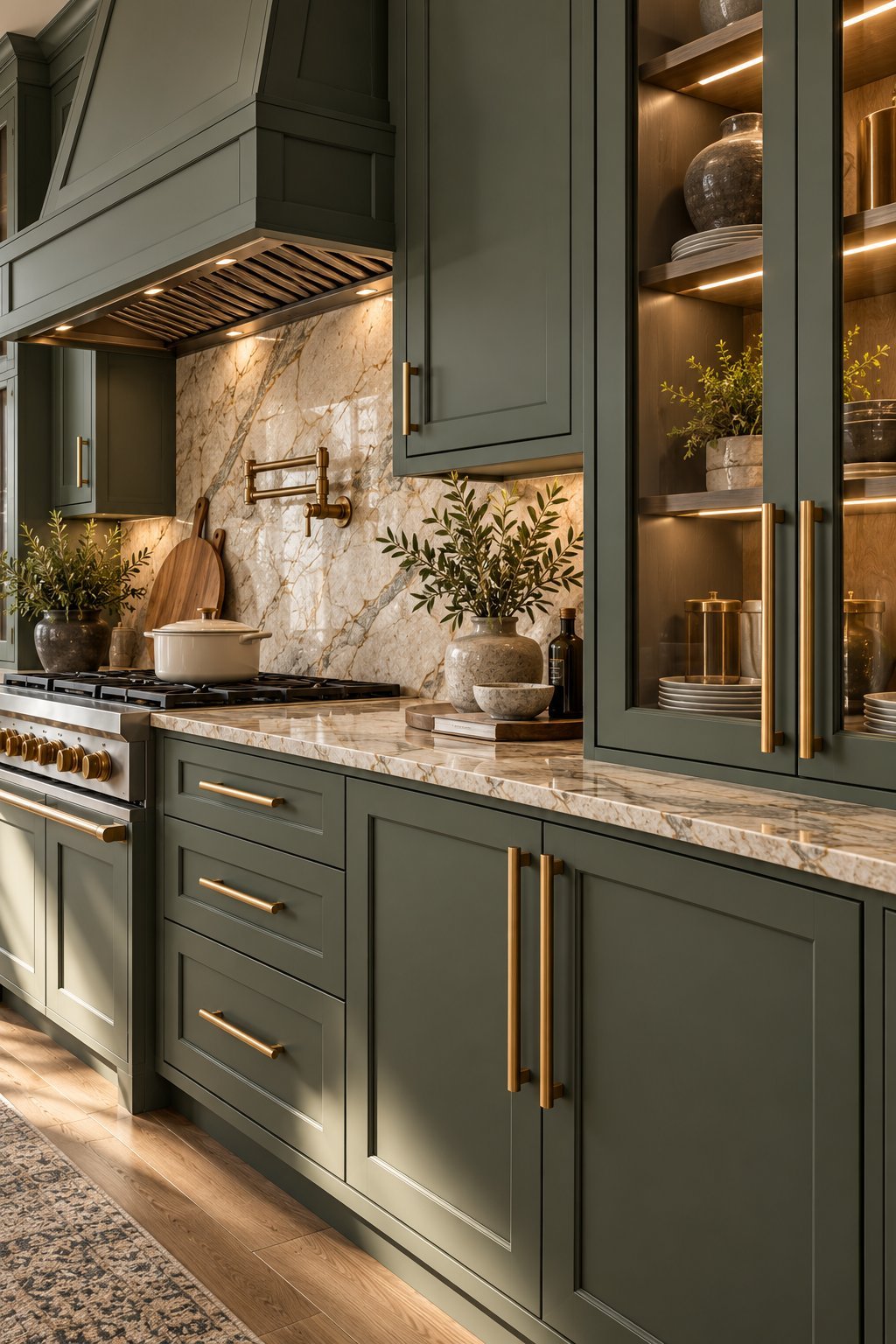 Modern kitchen with dark green cabinets, marble backsplash, gold hardware, and illuminated display shelves