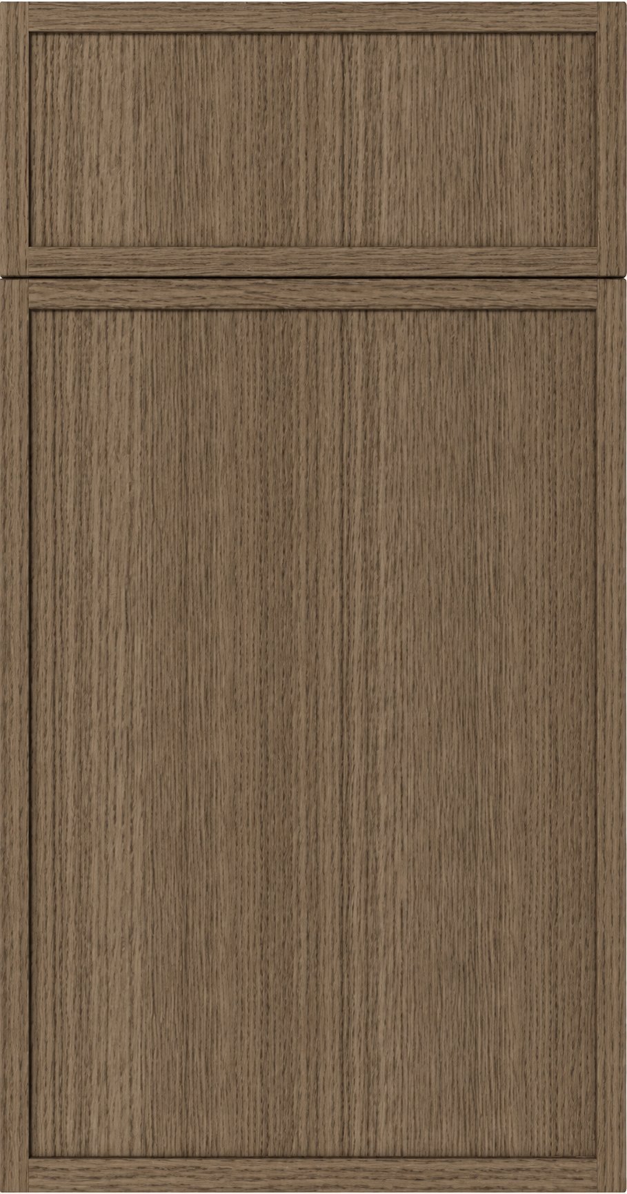 Medium brown wood cabinet door with vertical grain texture and two recessed panels