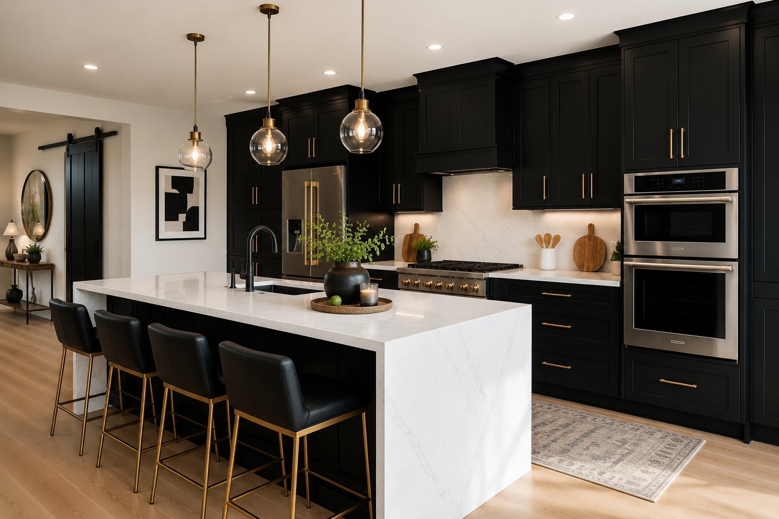 Modern kitchen with black cabinets, white marble island, pendant lights, and stainless steel appliances