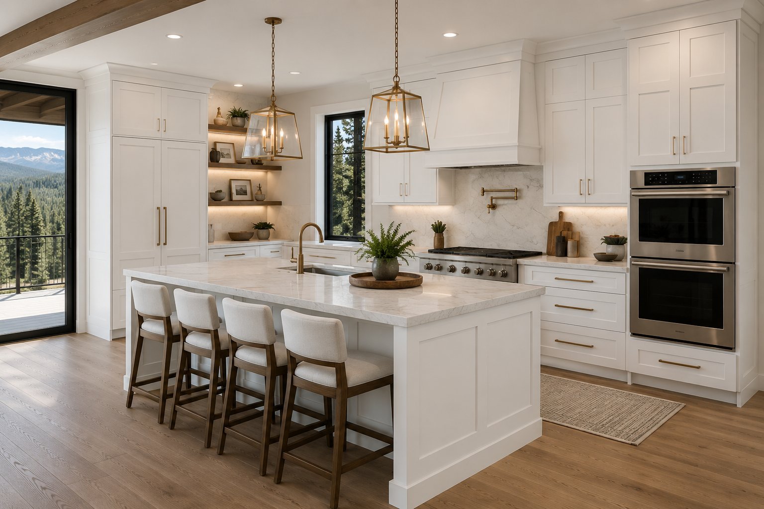 Modern white kitchen with marble island, bar seating, dual ovens, and pendant lighting overlooking scenic mountain views