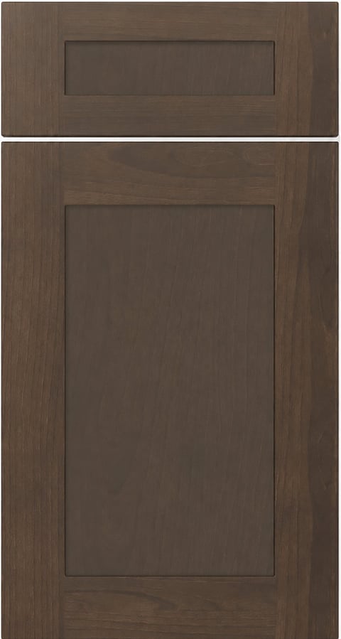 Two dark brown wooden cabinet door panels with recessed rectangular frames, shown vertically stacked