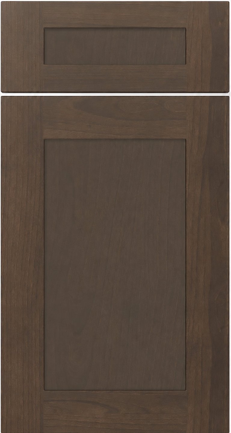 Two dark brown wooden cabinet door panels with recessed rectangular frames, shown vertically stacked