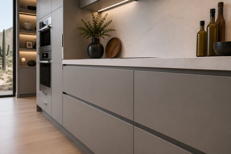 Modern kitchen with gray cabinetry, white countertop, black vase with greenery, wine bottles, and built-in appliances along the wall