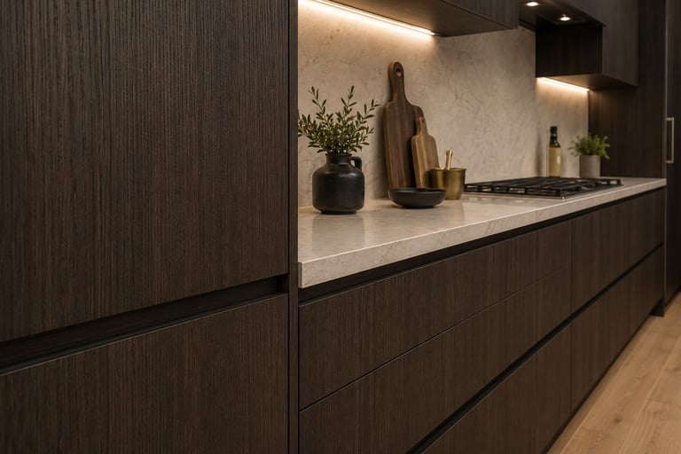 Modern kitchen counter with dark wood cabinetry, white marble countertop, and decorative bottles with plants under warm ambient lighting
