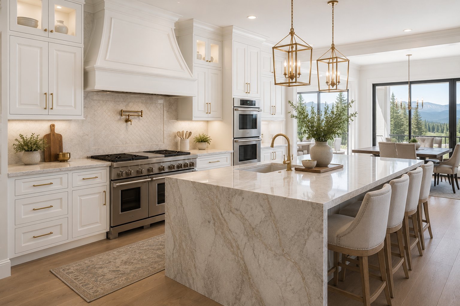 Modern luxury kitchen with white cabinetry, marble island, stainless steel appliances, and pendant lighting overlooking mountains