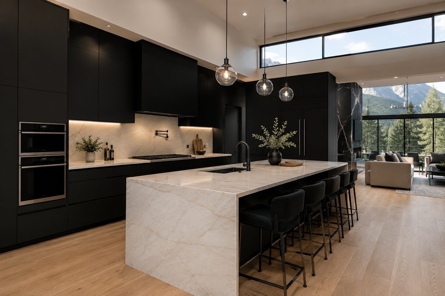 Modern luxury kitchen with black cabinetry, white marble island, pendant lighting, and floor-to-ceiling windows overlooking mountain views