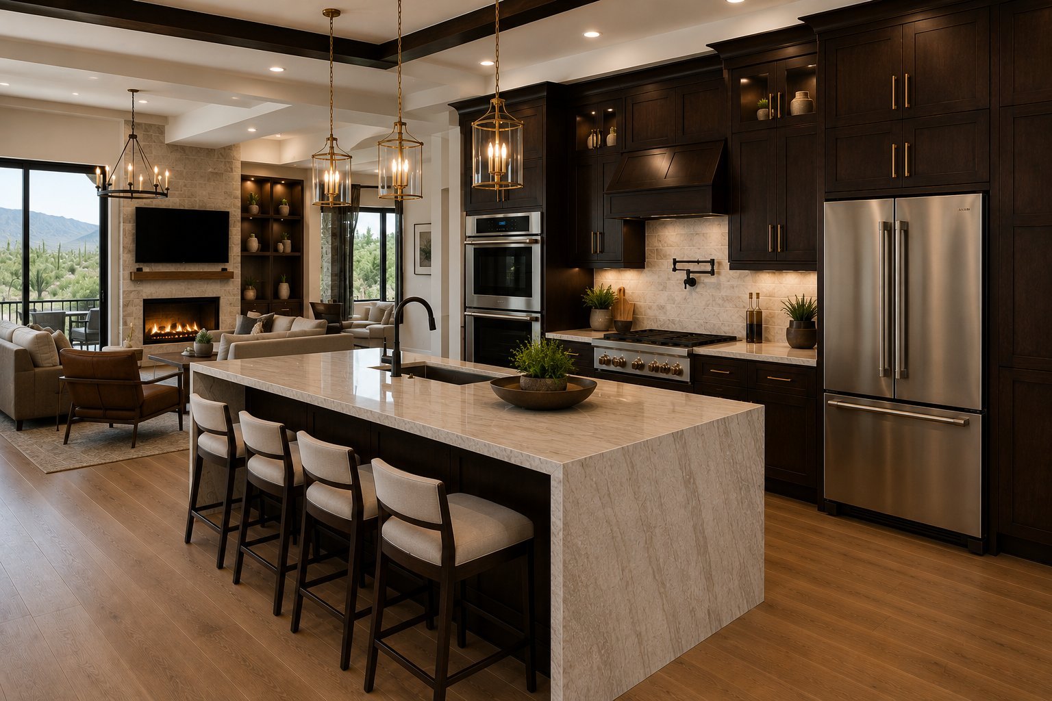 Modern kitchen with dark cabinetry, light marble island, stainless steel appliances, pendant lighting, and seating for three