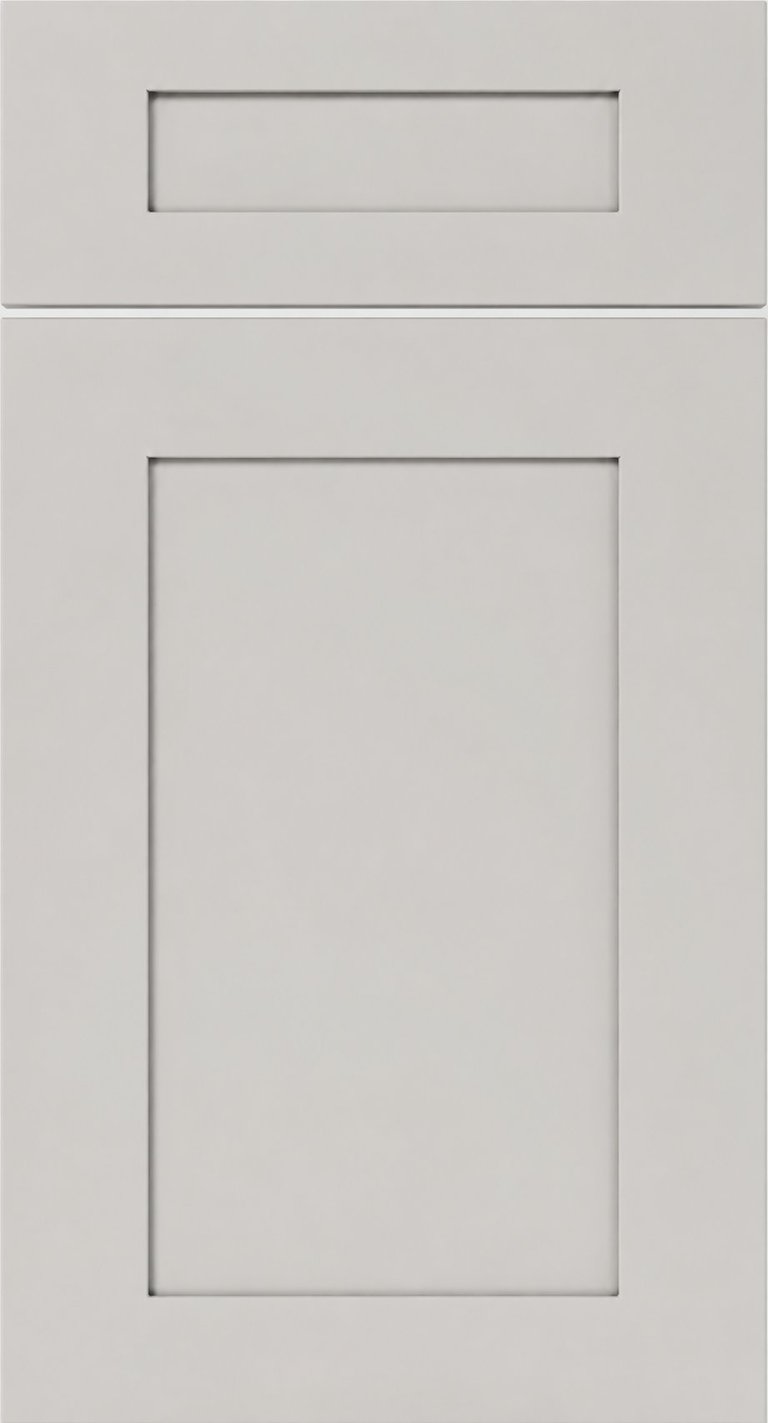 Light gray cabinet door design with recessed horizontal and vertical rectangular panels