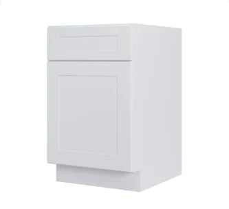 White kitchen cabinet with two drawers and raised panel door design on white background